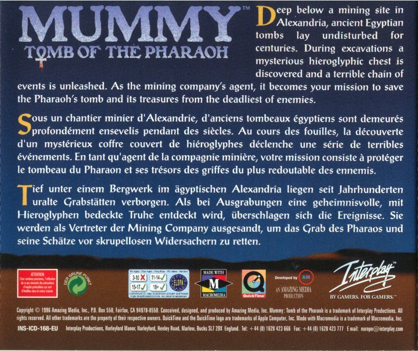 Other for Mummy: Tomb of the Pharaoh (Windows 3.x): Jewel Case - Back