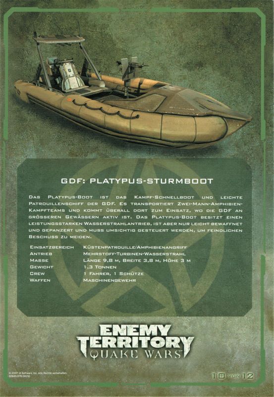 Extras for Enemy Territory: Quake Wars (Limited Collector's Edition) (Windows): Card 10/12: (GDF) Platypus Speedboat - Back