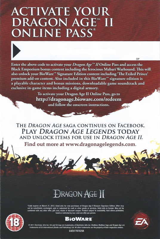 Other for Dragon Age II (BioWare Signature Edition) (Macintosh and Windows): DLC Voucher - Front