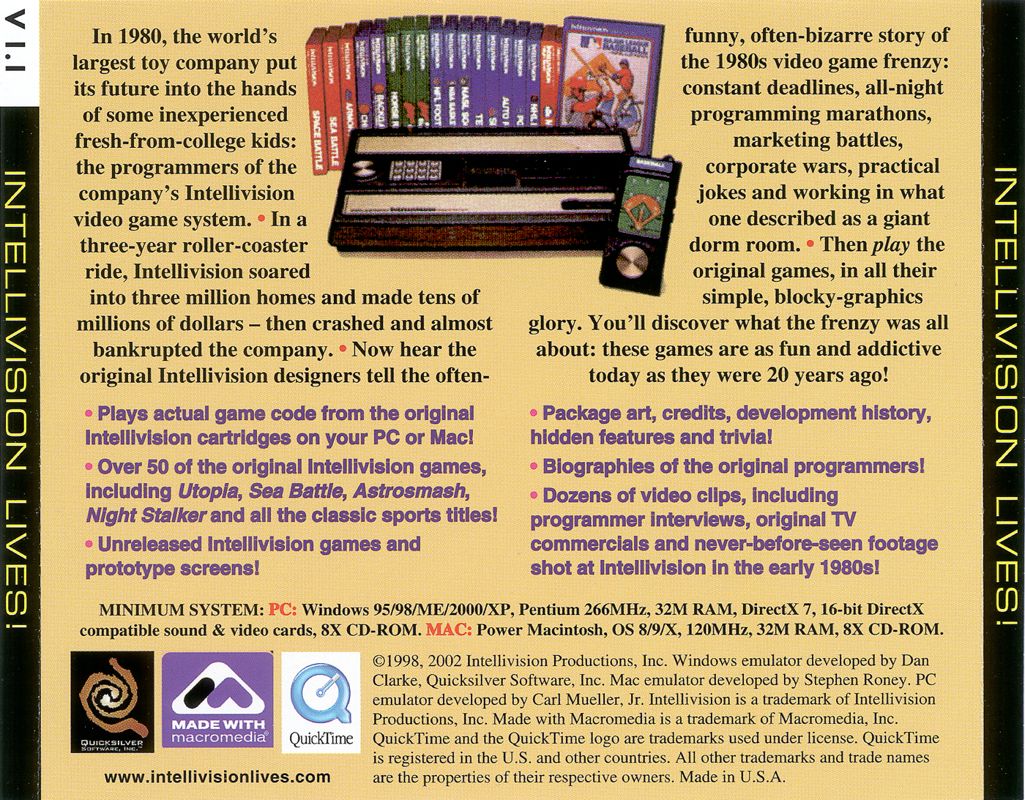 Back Cover for Intellivision Lives! (Macintosh and Windows)
