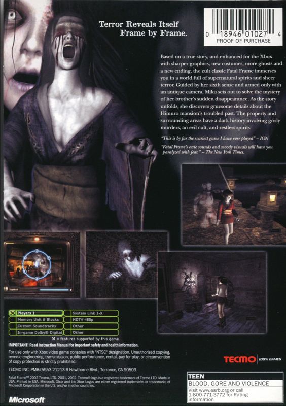 Back Cover for Fatal Frame (Xbox)