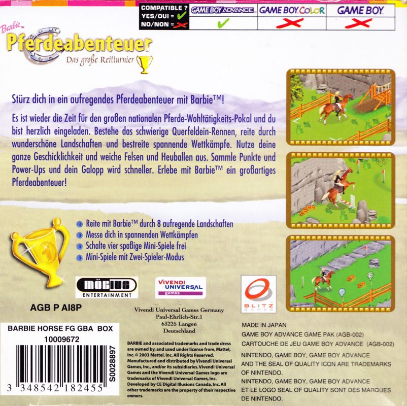 Back Cover for Barbie Horse Adventures: Blue Ribbon Race (Game Boy Advance)