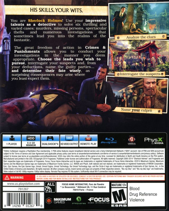 Back Cover for Crimes & Punishments: Sherlock Holmes (PlayStation 4)
