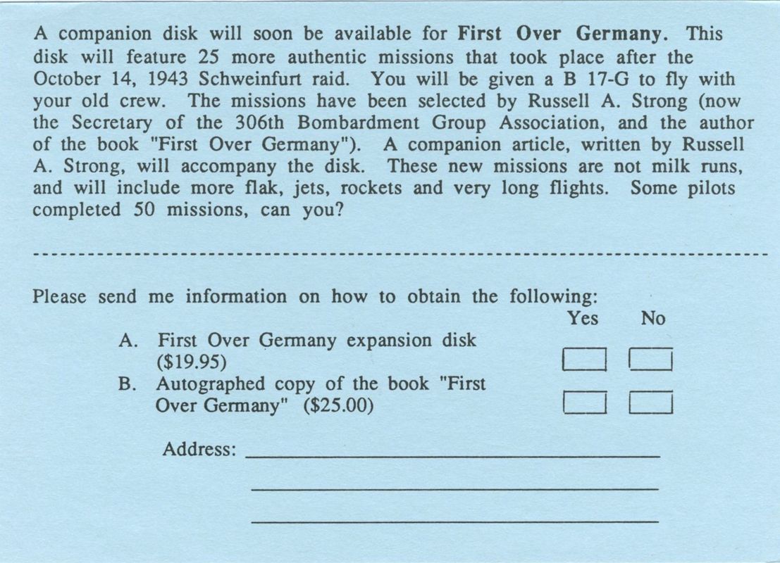 Advertisement for First Over Germany (Commodore 64): Companion Disk - Front