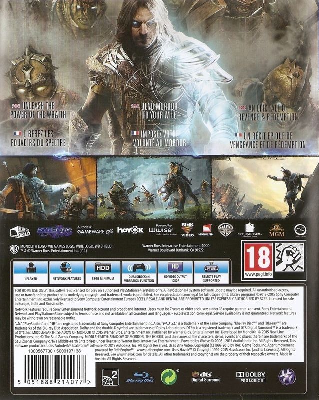 Back Cover for Middle-earth: Shadow of Mordor - Game of the Year Edition (PlayStation 4)