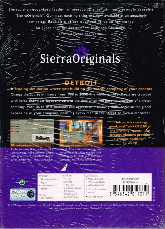 Back Cover for Detroit (DOS) (SierraOriginals release)