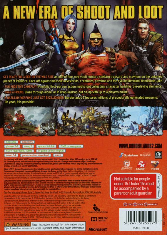 Back Cover for Borderlands 2 (Xbox 360): Box - Back