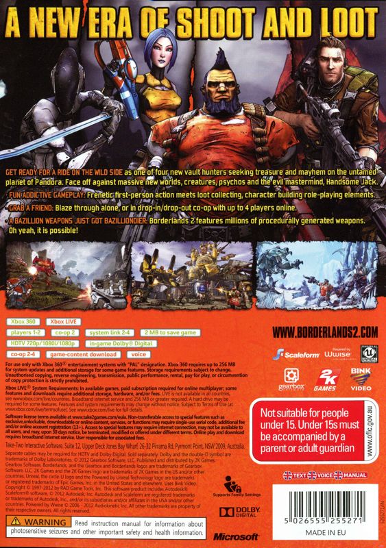 Back Cover for Borderlands 2 (Xbox 360)