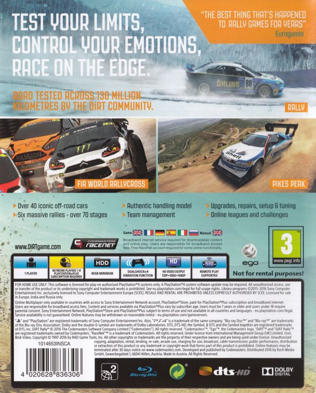 Other for DiRT: Rally (Legend Edition) (PlayStation 4): Keep Case - Back