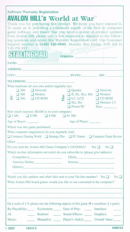 Extras for World at War: Volume II - Stalingrad (DOS): Registration Card - Back