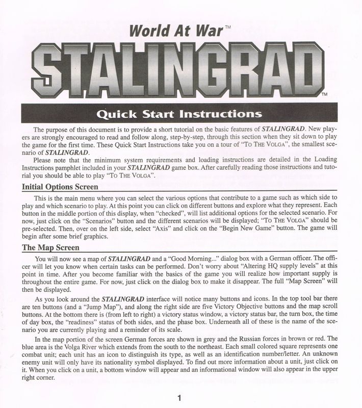 Extras for World at War: Volume II - Stalingrad (DOS): Quick Start Instructions - Front