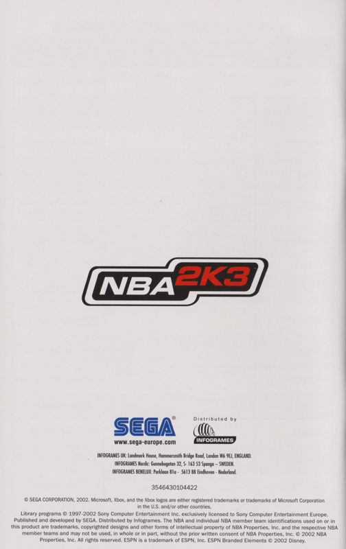 Manual for NBA 2K3 (Xbox): Back