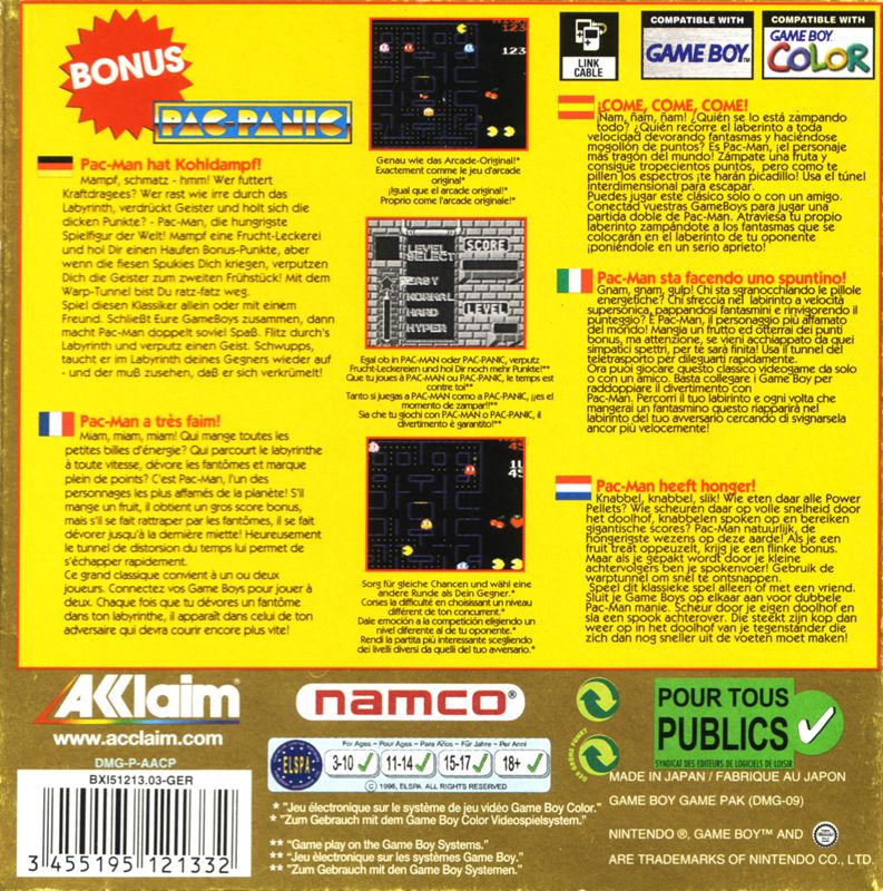 Back Cover for Pac-Man: Special Color Edition (Game Boy Color)