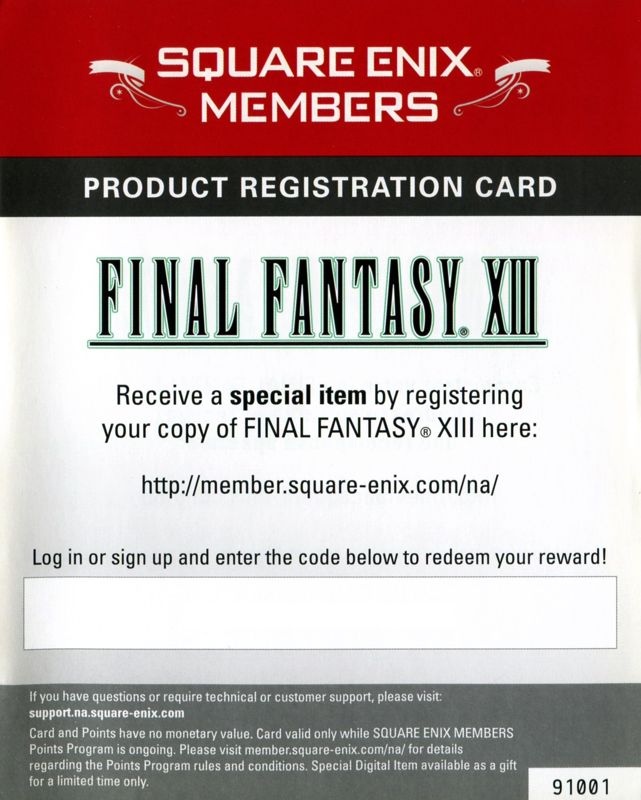 Extras for Final Fantasy XIII (PlayStation 3): Registration Card - Front