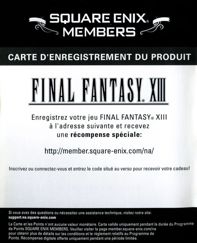 Extras for Final Fantasy XIII (PlayStation 3): Registration Card - Back