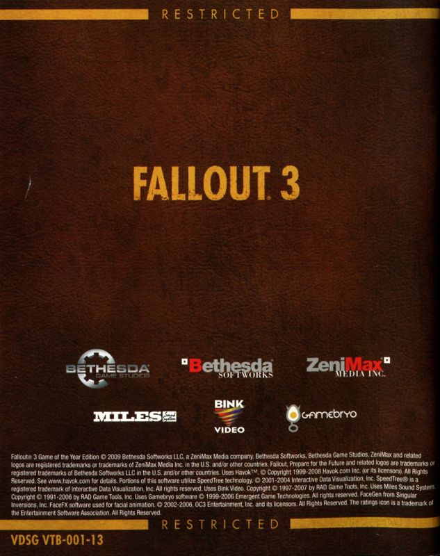 Manual for Fallout 3: Game of the Year Edition (PlayStation 3): Back