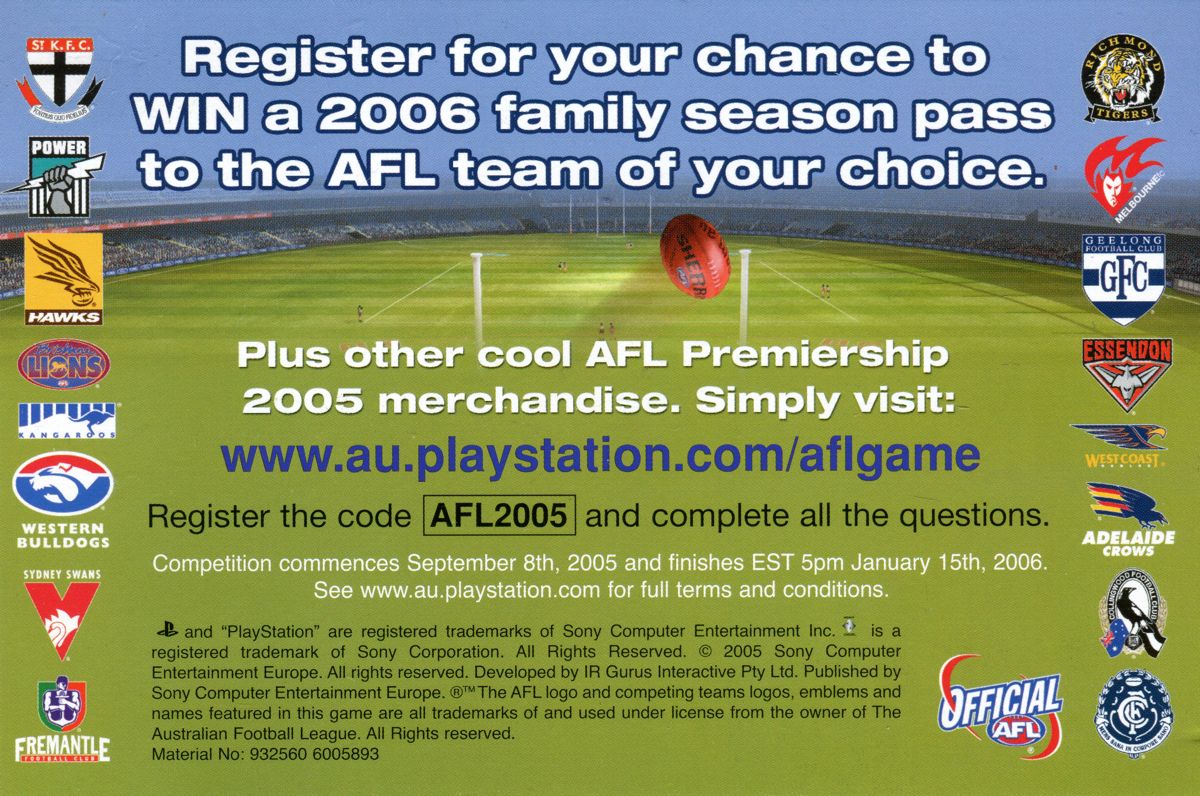 Extras for AFL Premiership 2005 (PlayStation 2): Flyer - Back