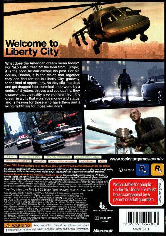 Back Cover for Grand Theft Auto IV (Xbox 360) (Classics release)