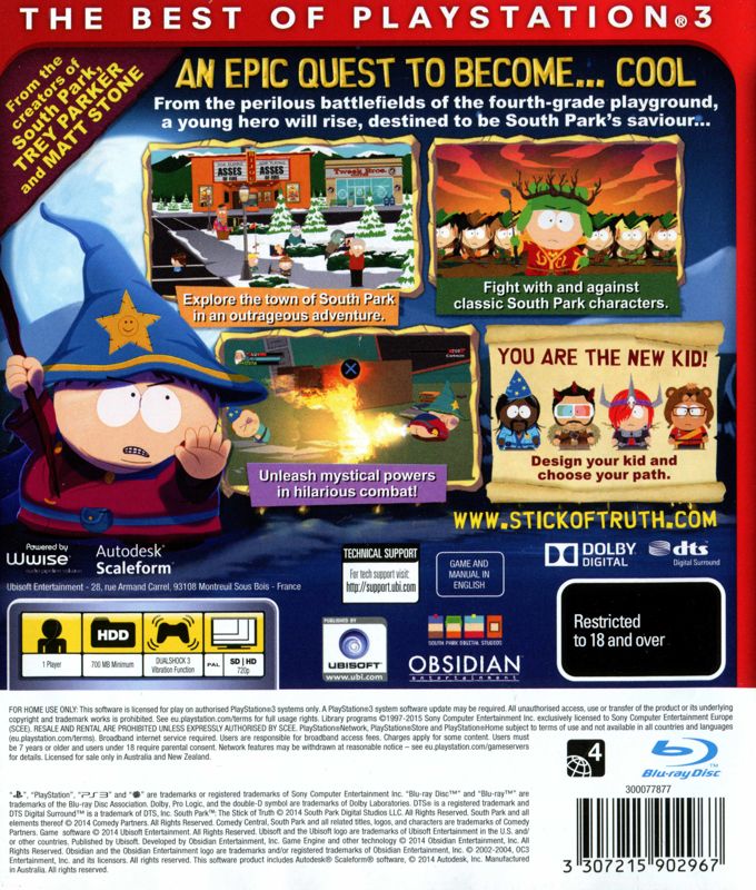 Back Cover for South Park: The Stick of Truth (PlayStation 3) (Essentials release)