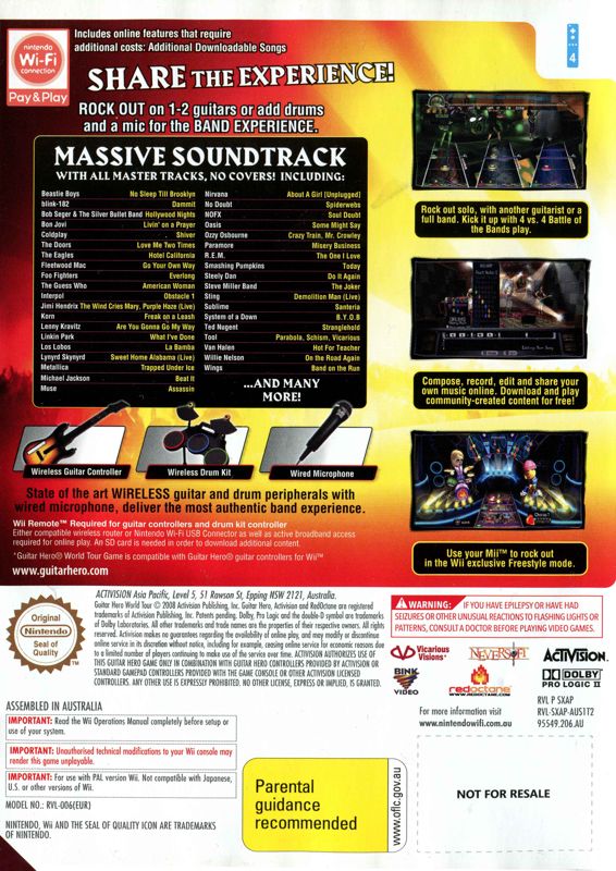 Back Cover for Guitar Hero: World Tour (Wii)