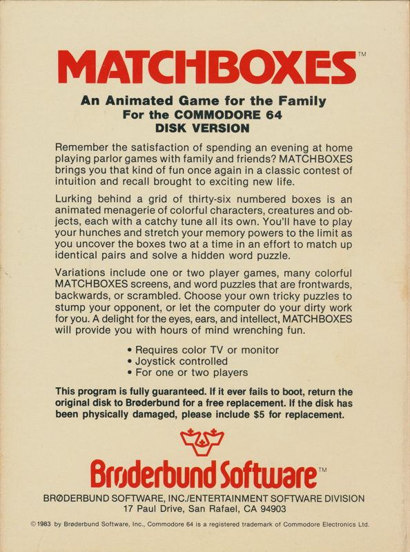 Back Cover for Matchboxes (Commodore 64)