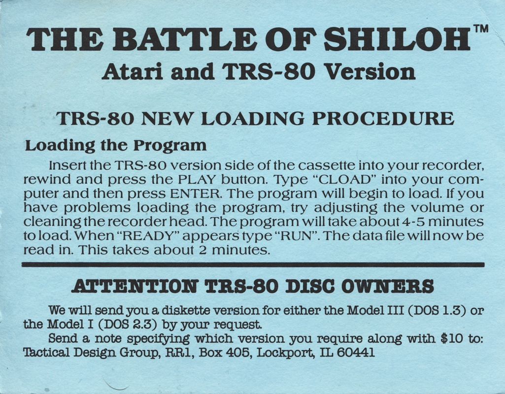 Extras for The Battle of Shiloh (Atari 8-bit and TRS-80): Install Instructions