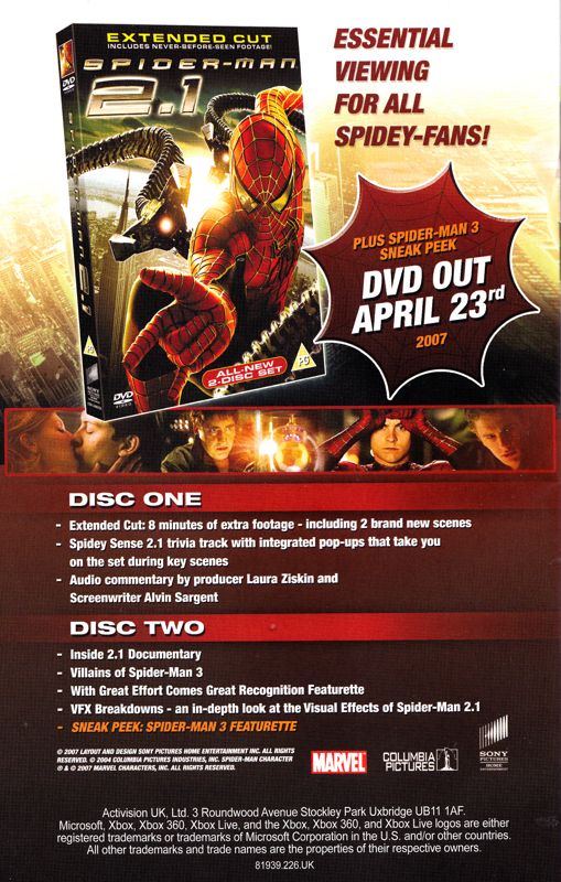 Manual for Spider-Man 3 (Xbox 360): Back