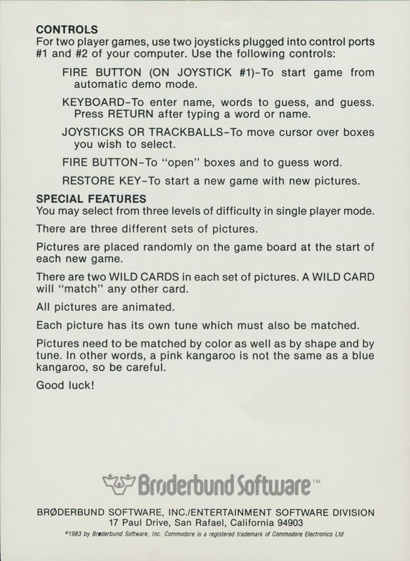 Reference Card for Matchboxes (Commodore 64): side 2