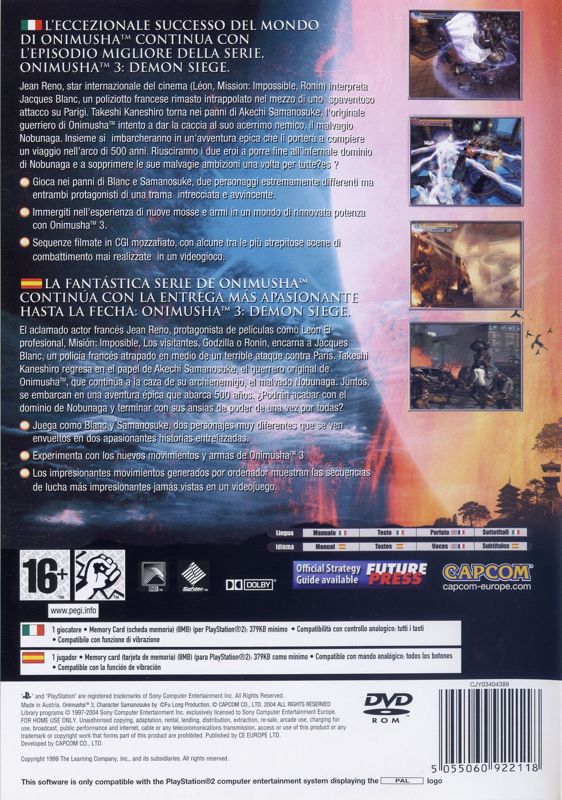 Back Cover for Onimusha 3: Demon Siege (PlayStation 2)