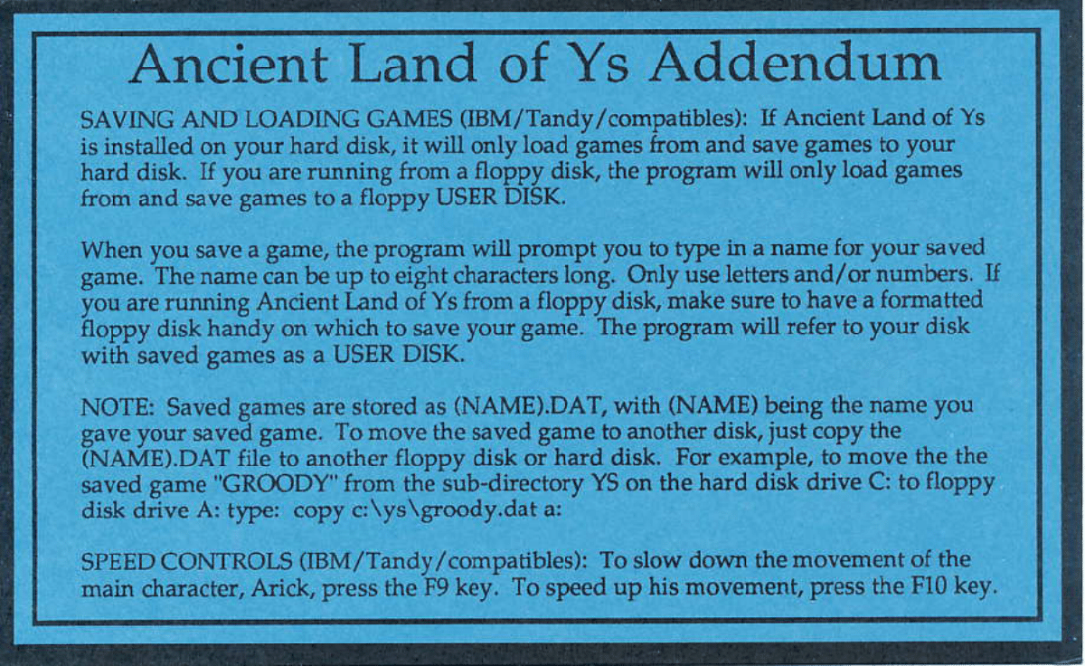 Extras for Ys: The Vanished Omens (DOS): Addendum