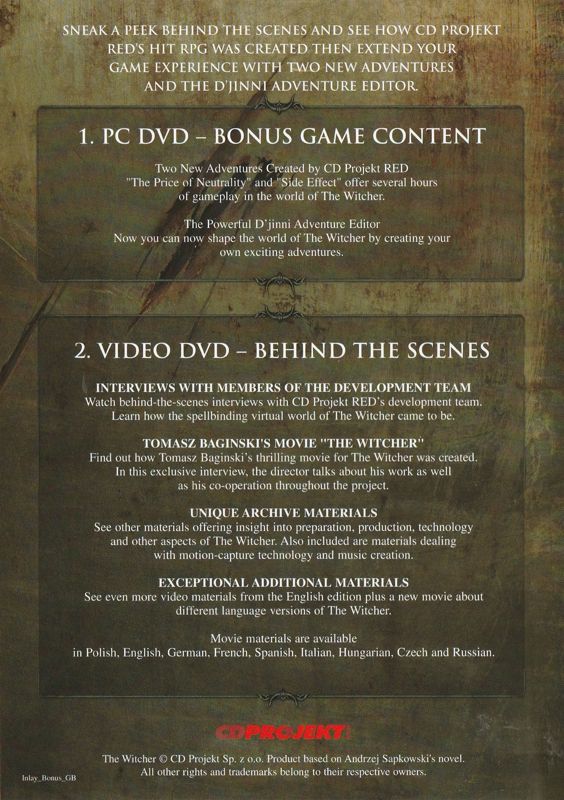 Extras for The Witcher: Enhanced Edition (Windows) (5 Disc Version): Bonus DVD Keep Case - Back