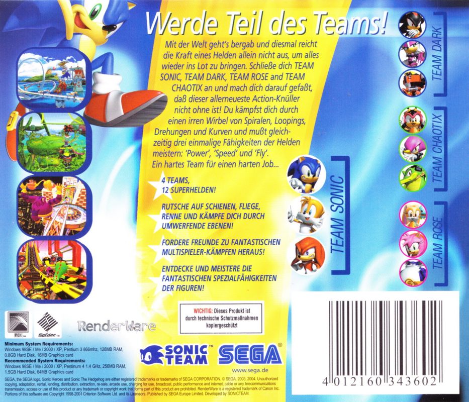 Back Cover for Sonic Heroes (Windows) (Software Pyramide release)