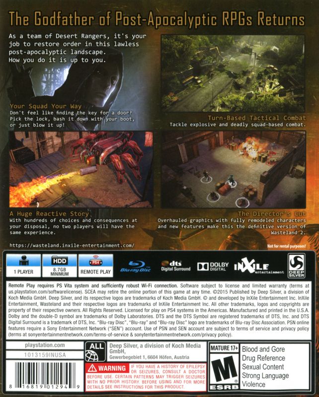 Back Cover for Wasteland 2: Director's Cut (PlayStation 4)