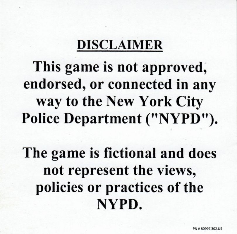 Other for True Crime: New York City (Xbox): Disclaimer card