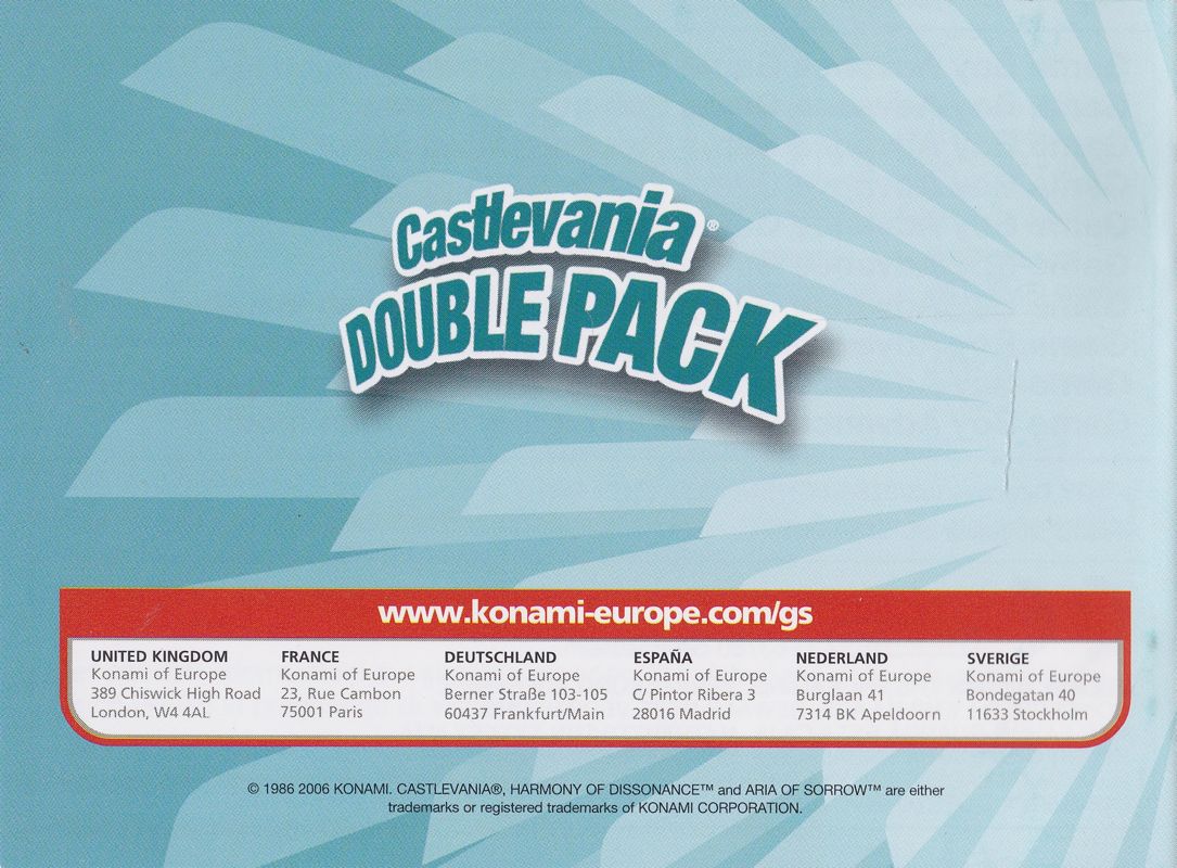 Manual for Castlevania: Double Pack (Game Boy Advance): Back