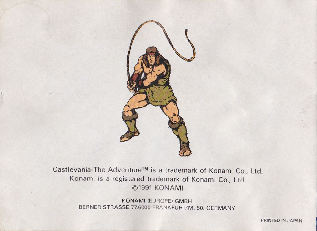 Manual for Castlevania: The Adventure (Game Boy): Back