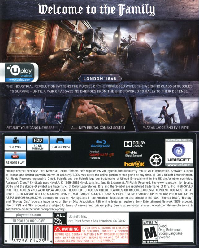 Back Cover for Assassin's Creed: Syndicate (PlayStation 4)