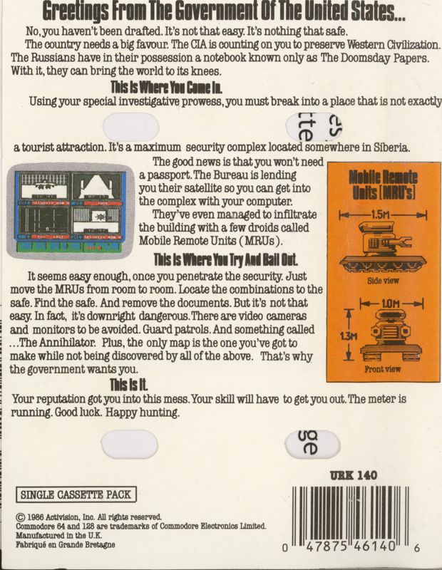 Back Cover for Hacker II: The Doomsday Papers (ZX Spectrum)