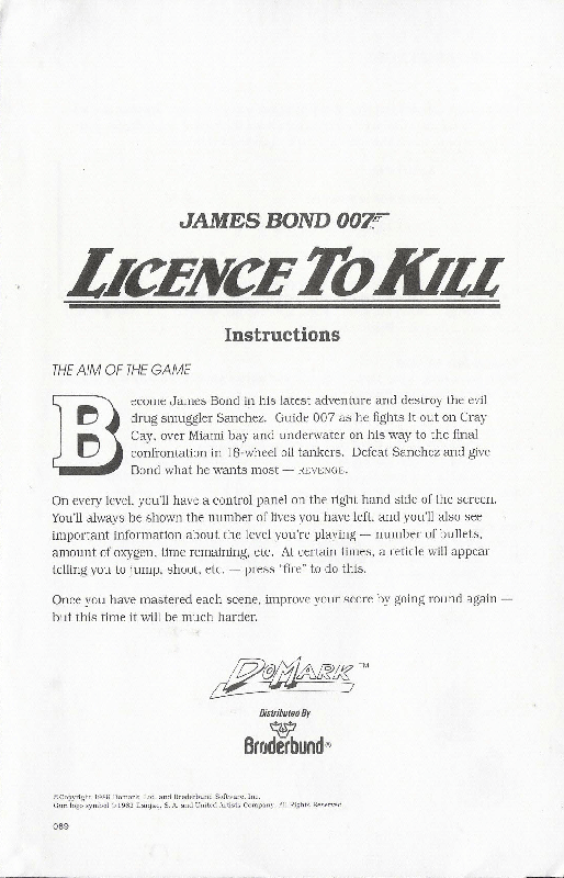 Extras for 007: Licence to Kill (DOS): Instructions