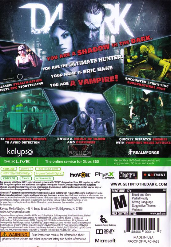 Back Cover for Dark (Xbox 360)