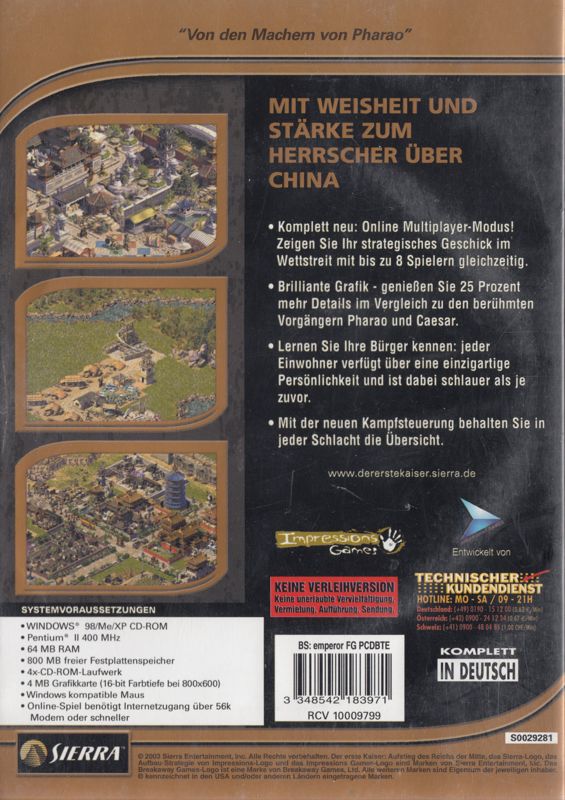 Back Cover for Emperor: Rise of the Middle Kingdom (Windows) (BestSeller Series release)