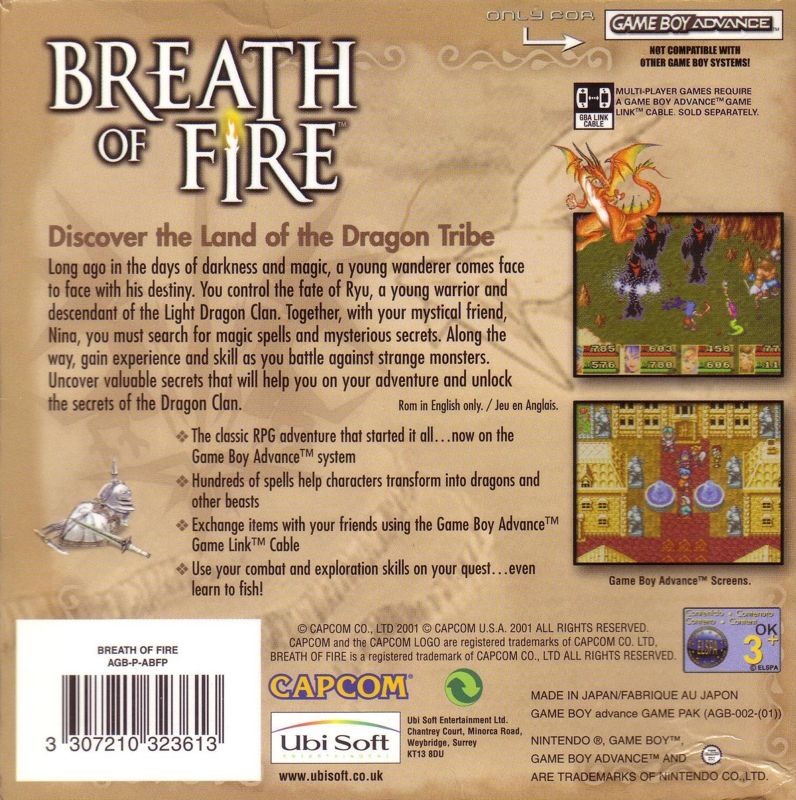Back Cover for Breath of Fire (Game Boy Advance)
