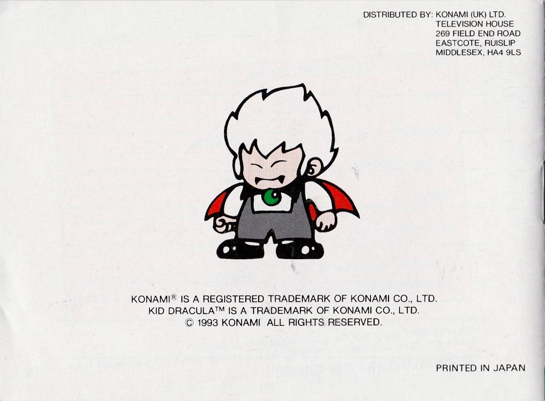 Manual for Kid Dracula (Game Boy): Back