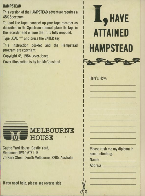 Inside Cover for Hampstead (ZX Spectrum)