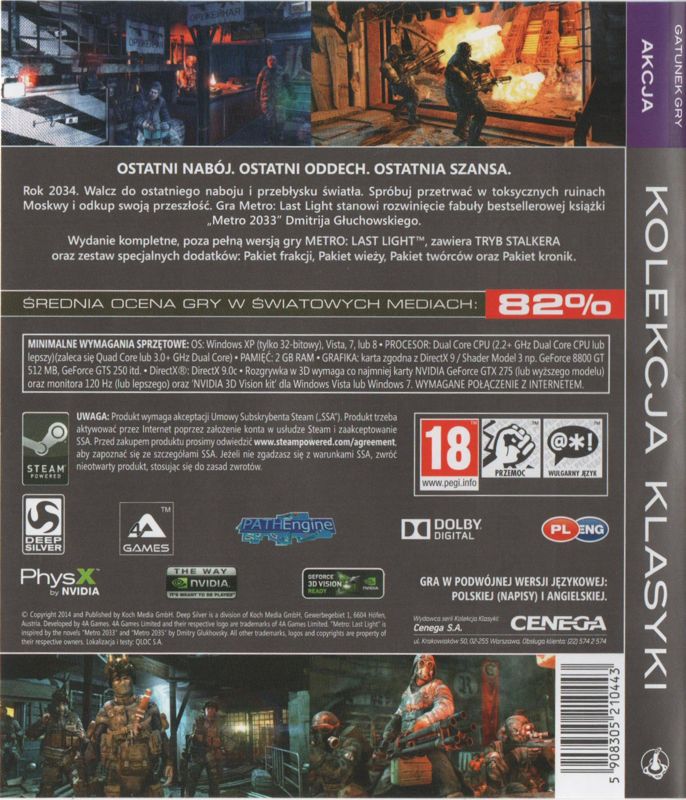 Back Cover for Metro: Last Light - Complete Edition (Windows) (Pomarańczowa Kolekcja Klasyki release)