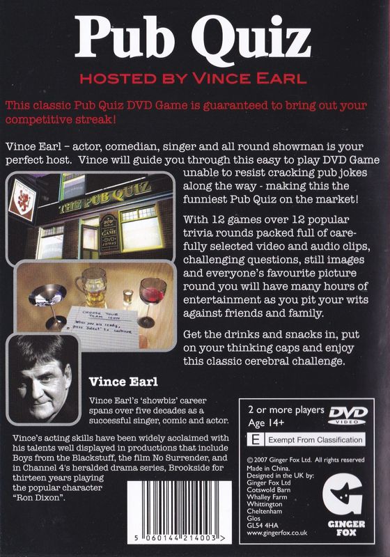 Back Cover for Pub Quiz: Hosted By Vince Earl (DVD Player)