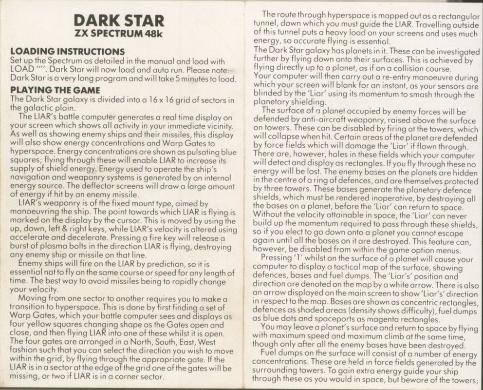 Manual for Dark Star (ZX Spectrum)