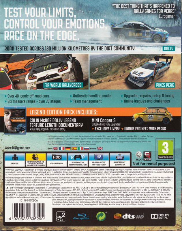 Back Cover for DiRT: Rally (Legend Edition) (PlayStation 4): Box