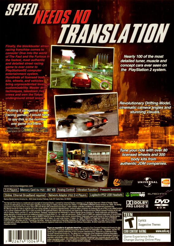 Back Cover for The Fast and the Furious (PlayStation 2)