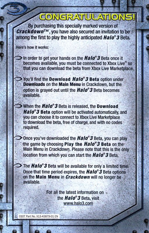 Extras for Crackdown (Xbox 360): Halo 3 Beta invite card